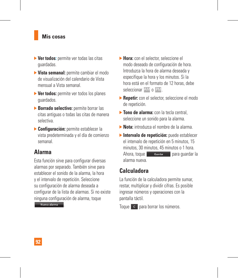 Alarma, Calculadora | LG GR500 User Manual | Page 240 / 298