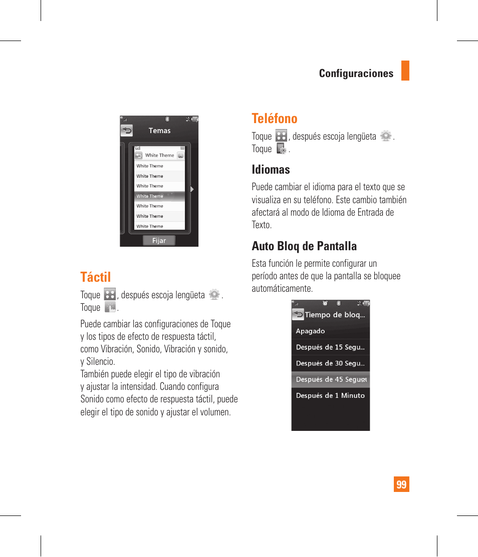 Táctil, Teléfono, Idiomas | Auto bloq de pantalla | LG GR500 User Manual | Page 247 / 298