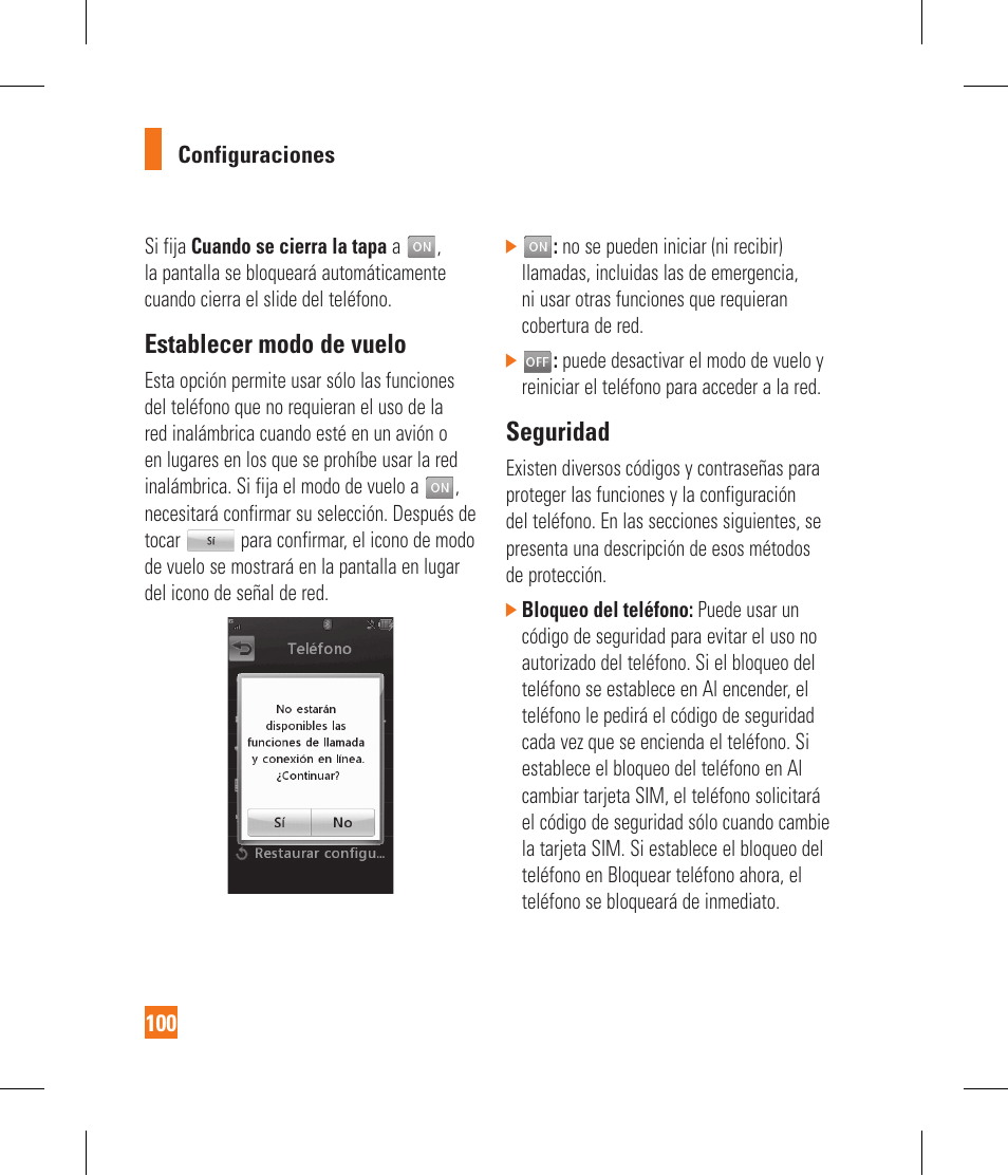 Establecer modo de vuelo, Seguridad | LG GR500 User Manual | Page 248 / 298