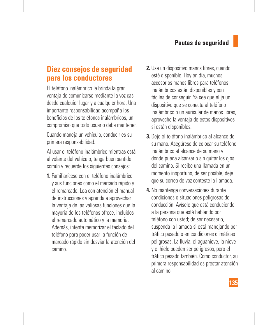 Diez consejos de seguridad para los conductores | LG GR500 User Manual | Page 283 / 298