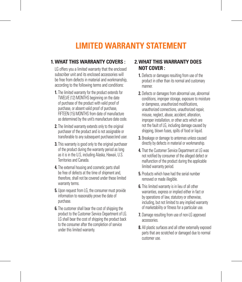 Limited warranty statement | LG GR500 User Manual | Page 3 / 298