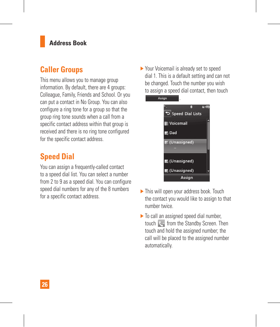 Caller groups, Speed dial | LG GR500 User Manual | Page 30 / 298