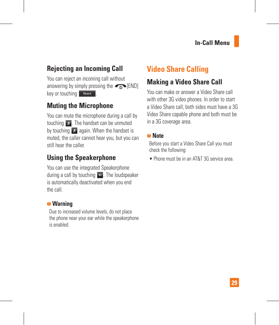 Video share calling, Rejecting an incoming call, Muting the microphone | Using the speakerphone, Making a video share call | LG GR500 User Manual | Page 33 / 298