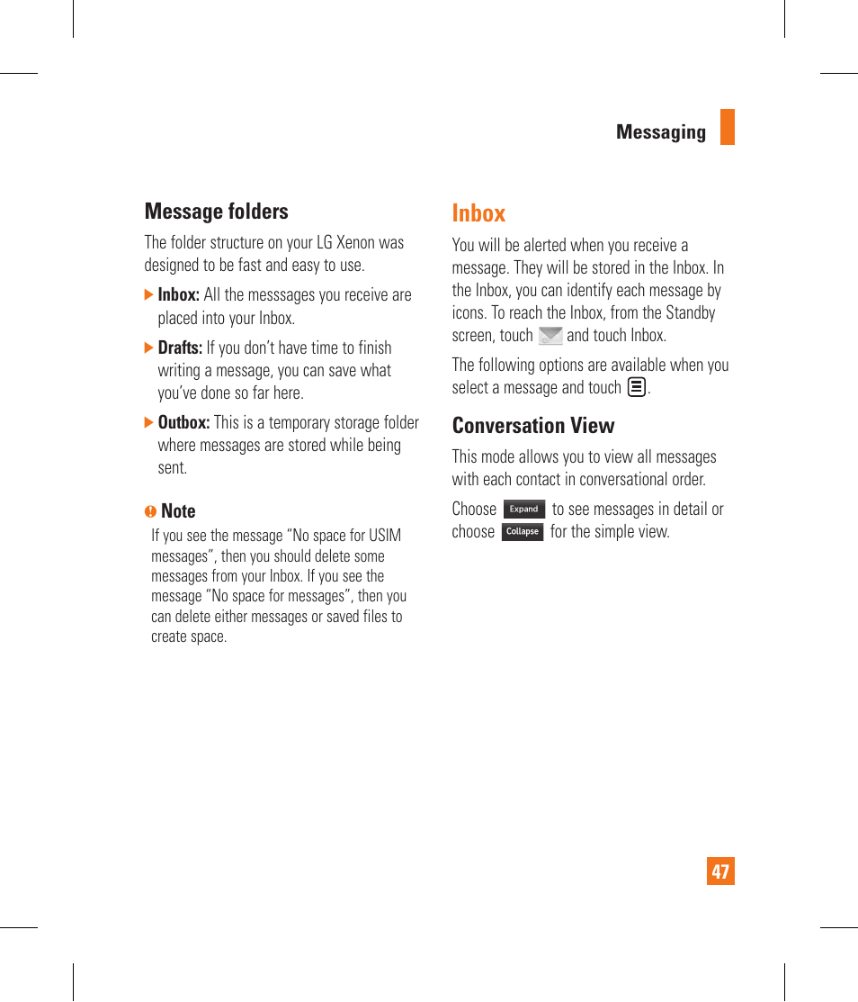 Inbox, Message folders, Conversation view | LG GR500 User Manual | Page 51 / 298