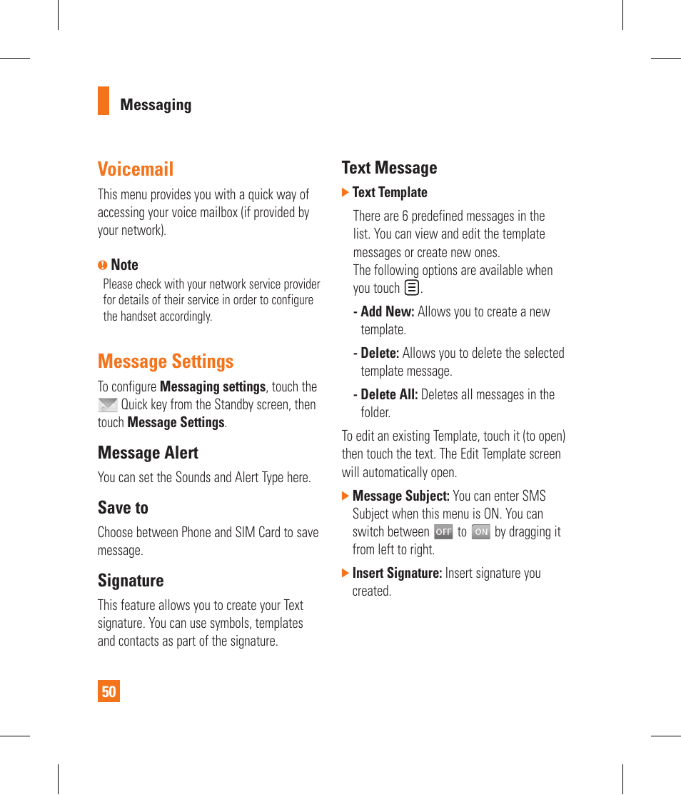 Voicemail, Message settings, Message alert | Save to, Signature, Text message | LG GR500 User Manual | Page 54 / 298