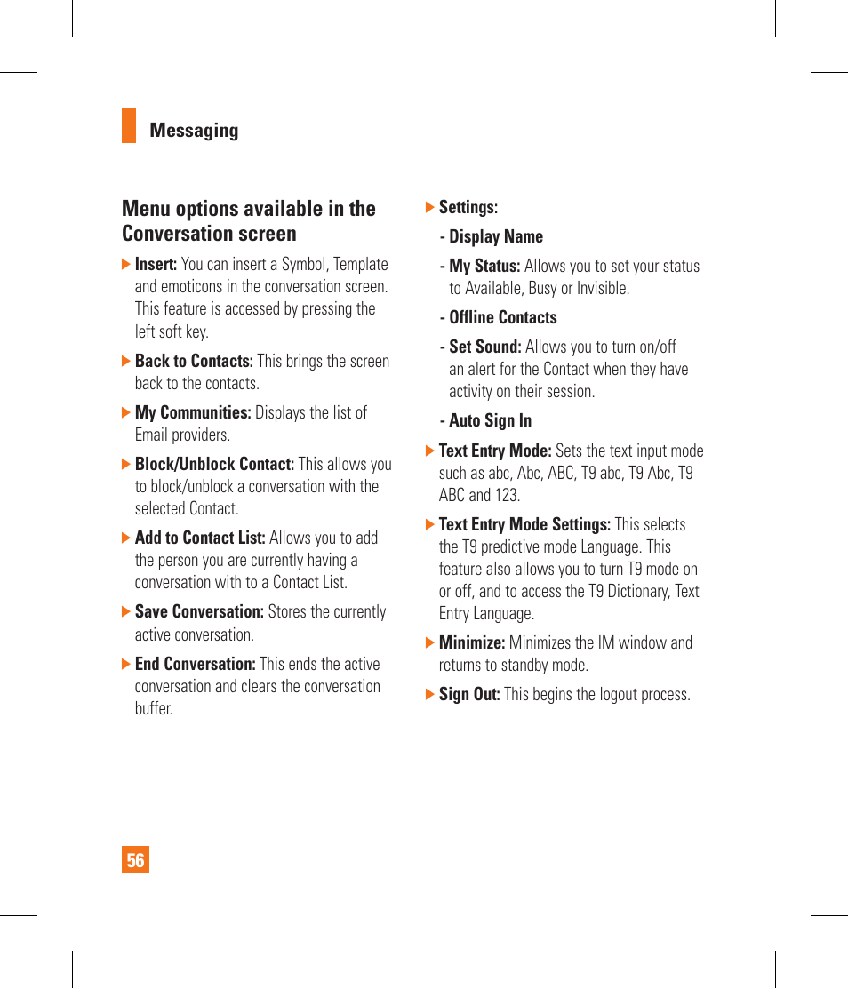 Menu options available in the conversation screen | LG GR500 User Manual | Page 60 / 298