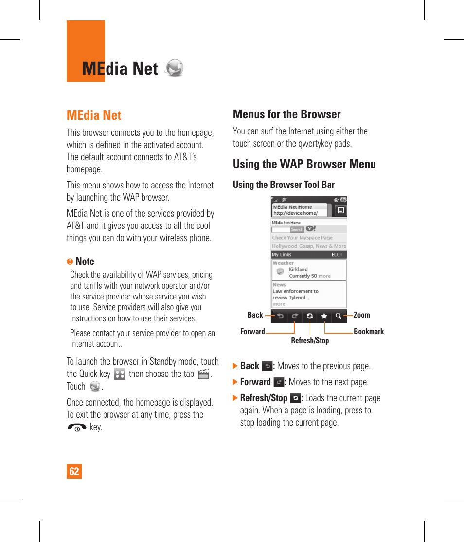 Media net, Menus for the browser, Using the wap browser menu | LG GR500 User Manual | Page 66 / 298