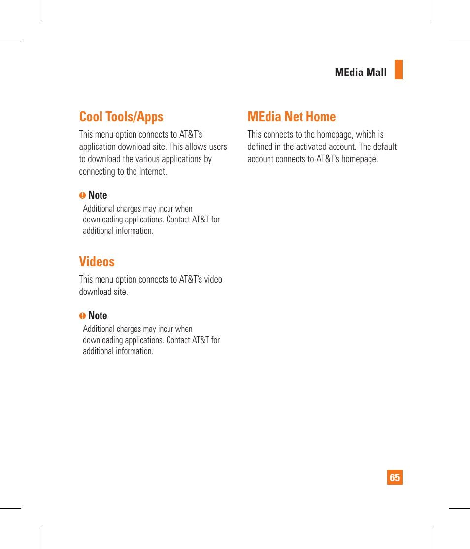 Cool tools/apps, Videos, Media net home | LG GR500 User Manual | Page 69 / 298