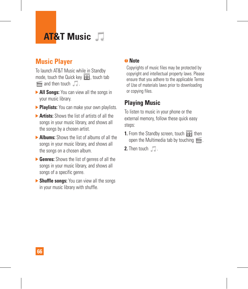 At&t music, Music player, Playing music | LG GR500 User Manual | Page 70 / 298