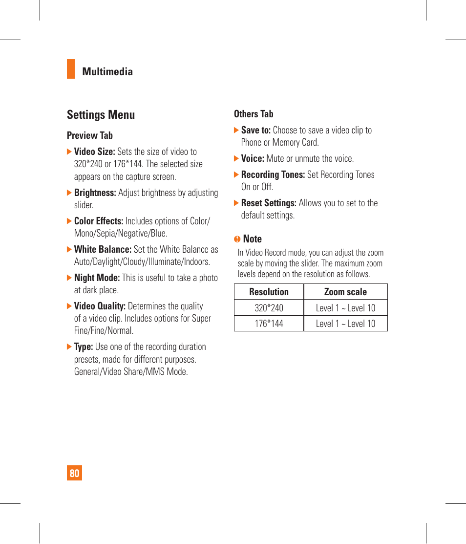 Settings menu | LG GR500 User Manual | Page 84 / 298