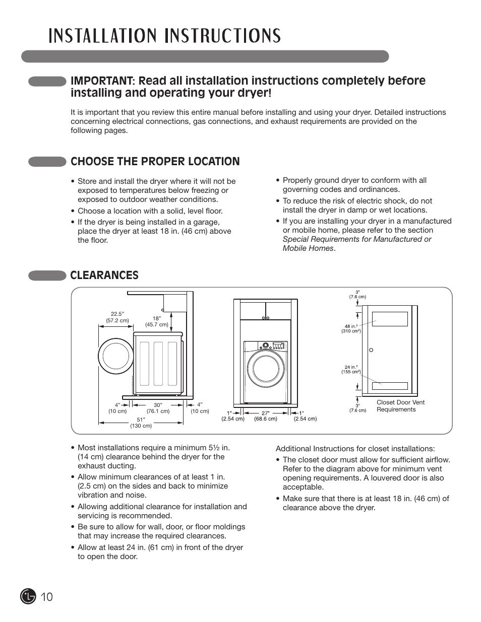 Choose the proper location, Clearances | LG DLGX2902V User Manual | Page 10 / 136