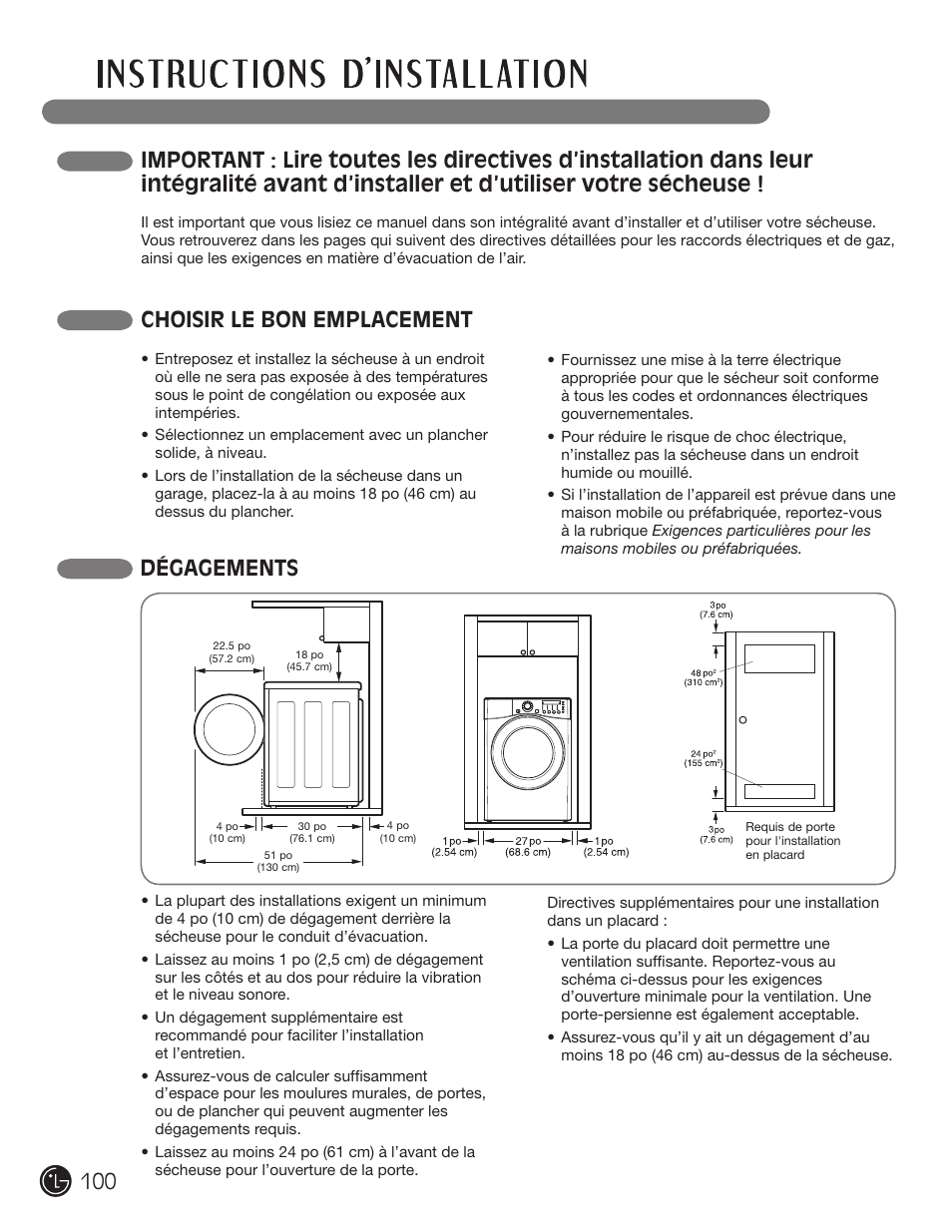 Choisir le bon emplacement, Dégagements | LG DLGX2902V User Manual | Page 100 / 136