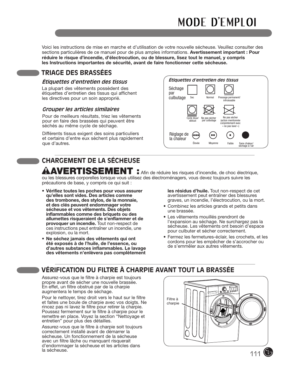 Wavertissement, Chargement de la sécheuse, Triage des brassées | LG DLGX2902V User Manual | Page 111 / 136