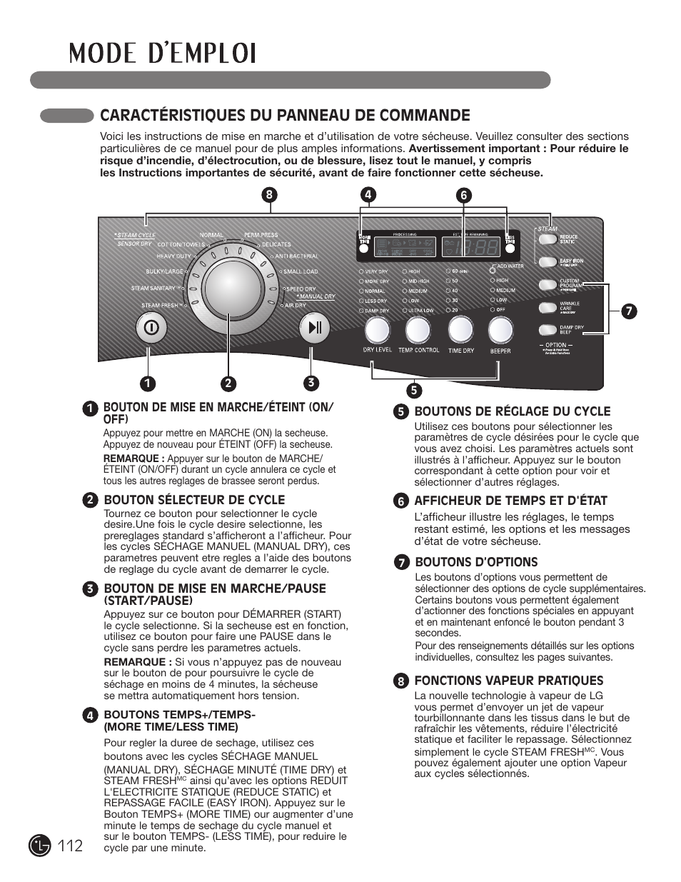 Caractéristiques du panneau de commande | LG DLGX2902V User Manual | Page 112 / 136