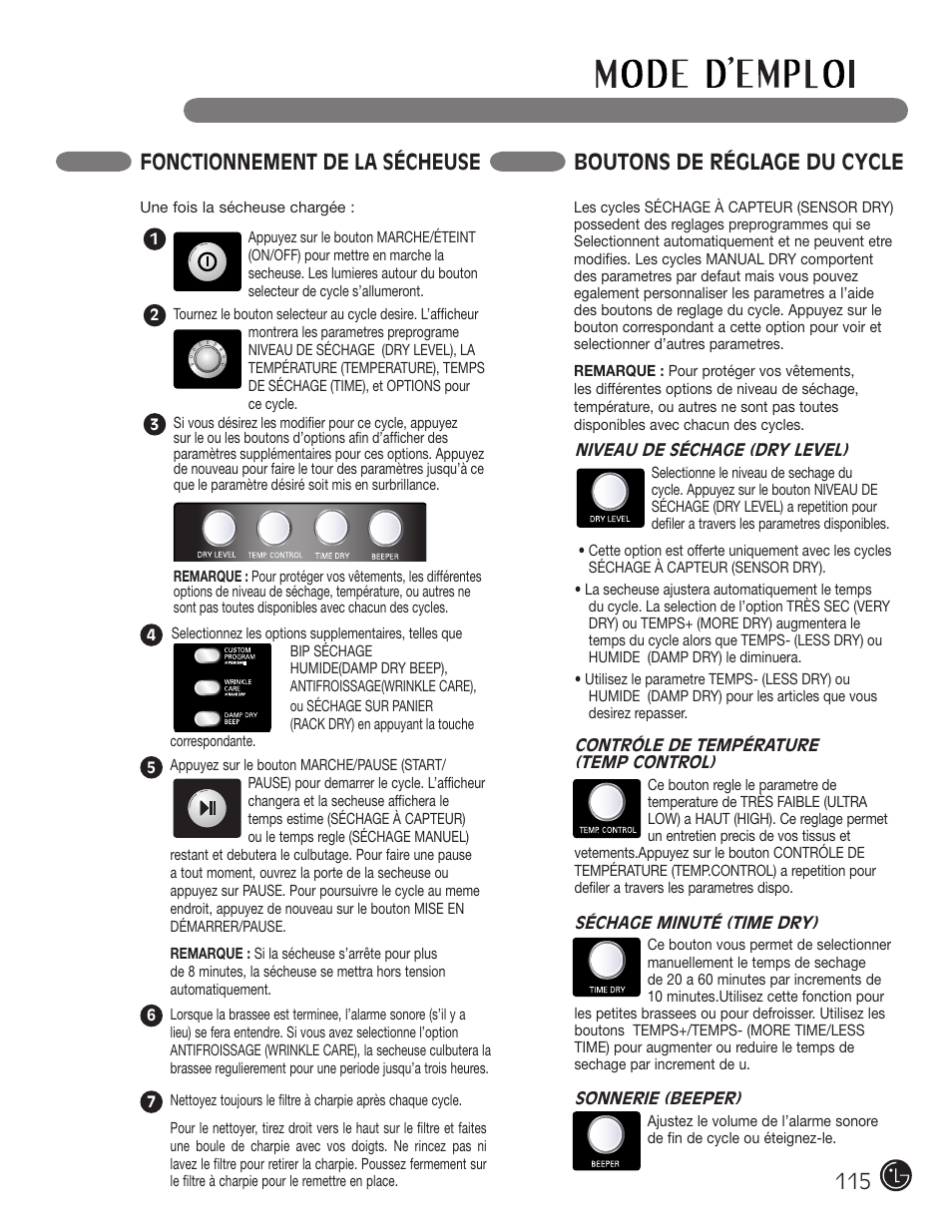 Boutons de réglage du cycle, Fonctionnement de la sécheuse | LG DLGX2902V User Manual | Page 115 / 136