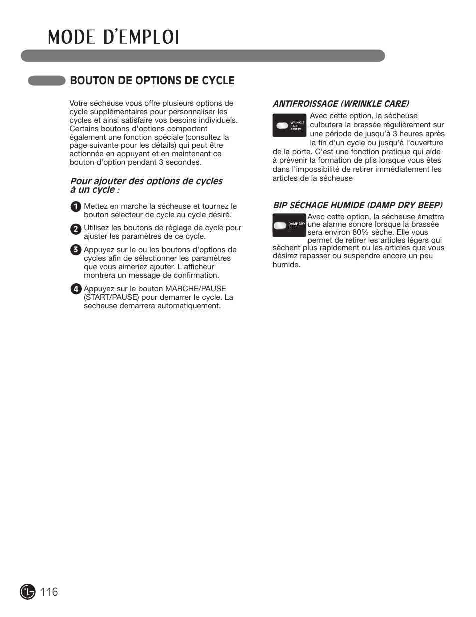 Bouton de options de cycle | LG DLGX2902V User Manual | Page 116 / 136