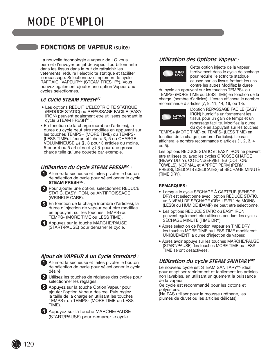 Fonctions de vapeur | LG DLGX2902V User Manual | Page 120 / 136