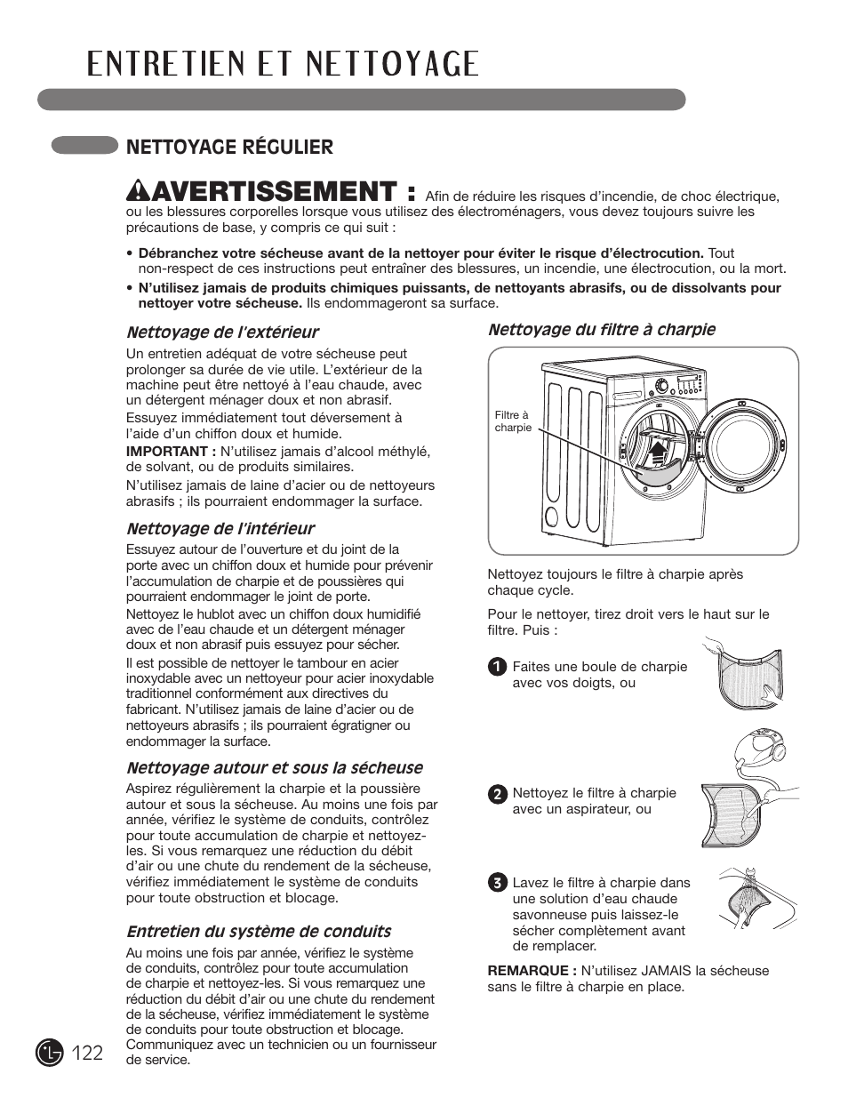 Wavertissement, Nettoyage régulier | LG DLGX2902V User Manual | Page 122 / 136