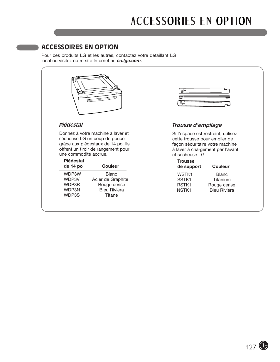 Accessoires en option | LG DLGX2902V User Manual | Page 127 / 136