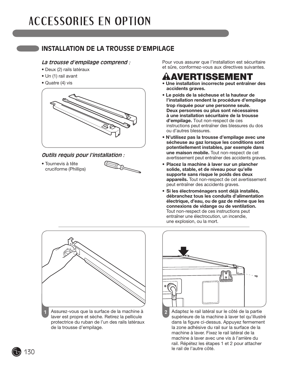 Wavertissement, Installation de la trousse d’empilage | LG DLGX2902V User Manual | Page 130 / 136