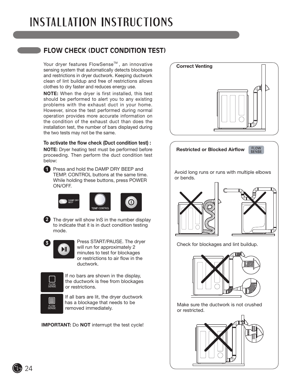 Flow check (duct condition test) | LG DLGX2902V User Manual | Page 24 / 136