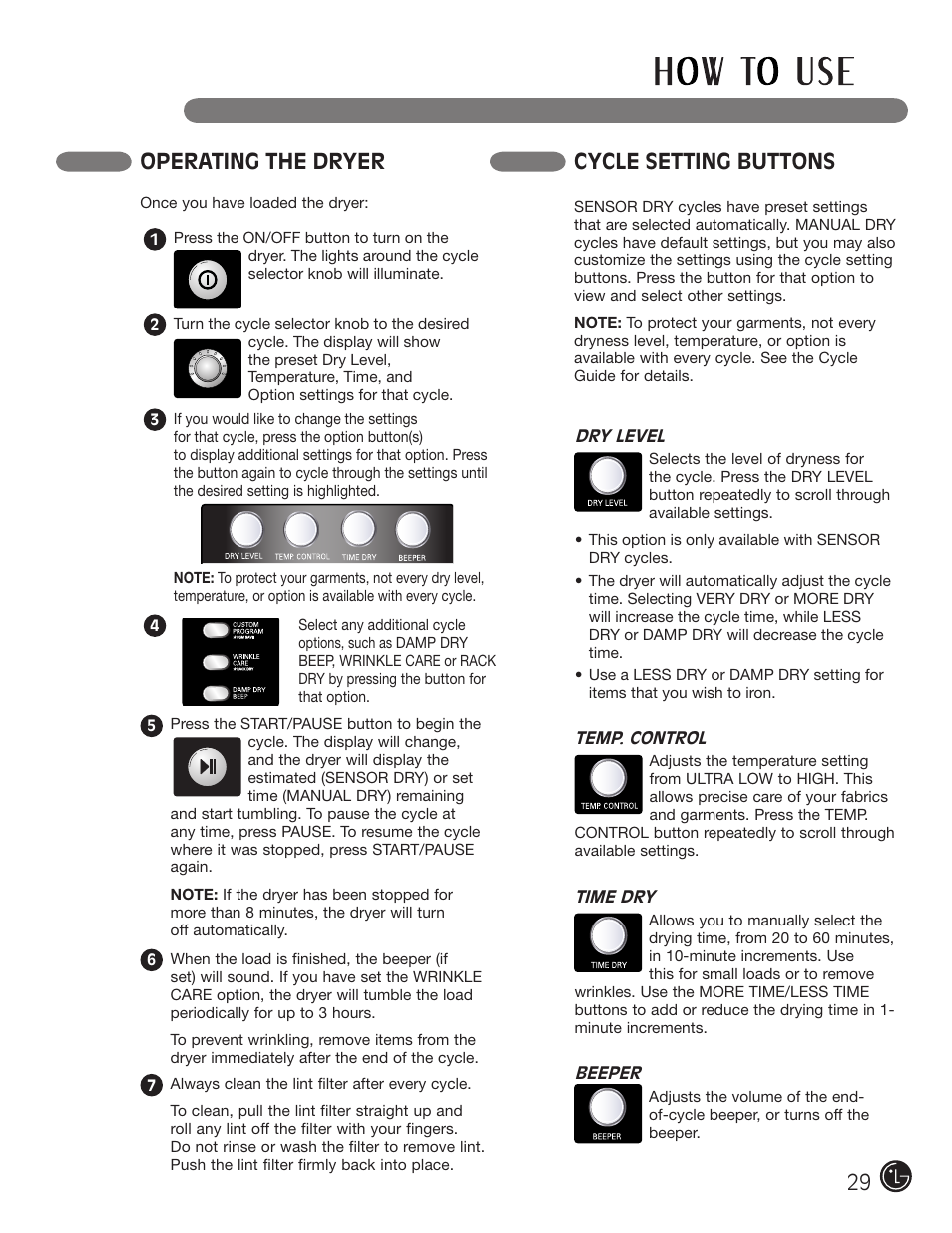 Cycle setting buttons, Operating the dryer | LG DLGX2902V User Manual | Page 29 / 136