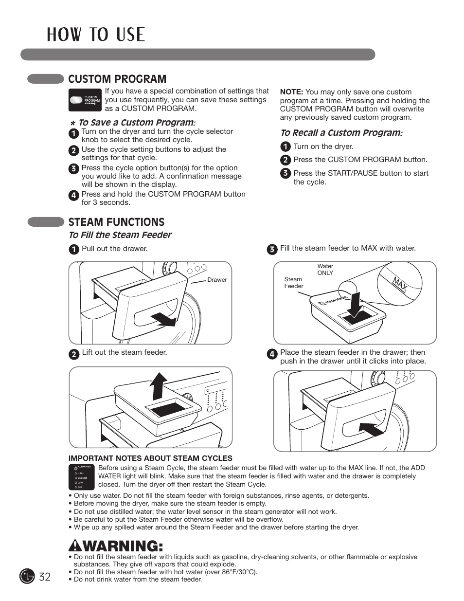 Wwarning, Custom program, Steam functions | LG DLGX2902V User Manual | Page 32 / 136