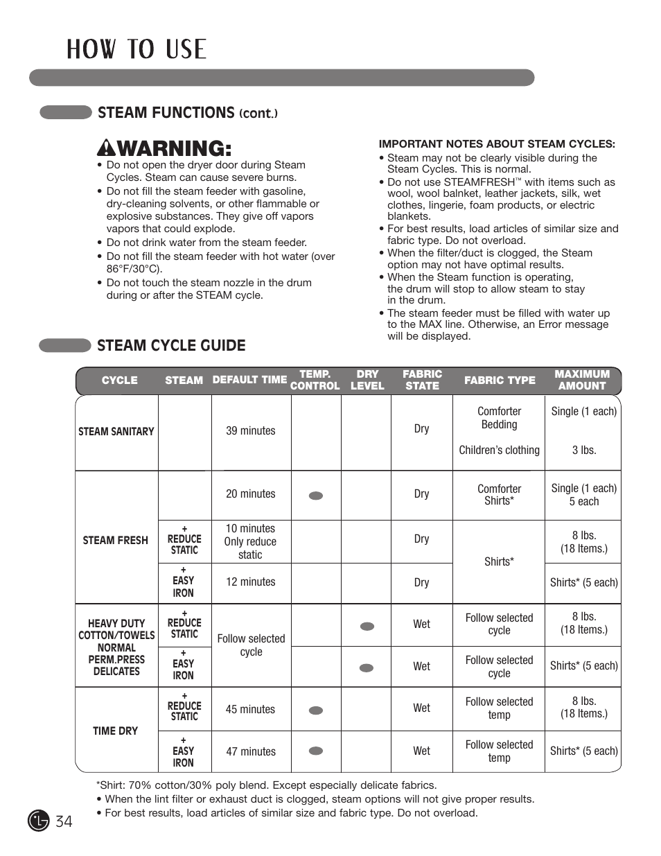 Wwarning, Steam cycle guide, Steam functions | LG DLGX2902V User Manual | Page 34 / 136