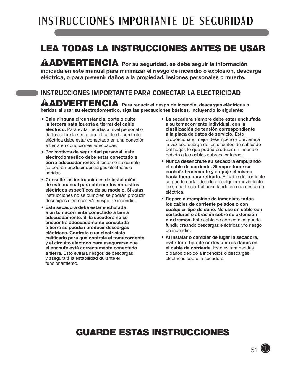 Guarde estas instrucciones, Wadvertencia | LG DLGX2902V User Manual | Page 51 / 136