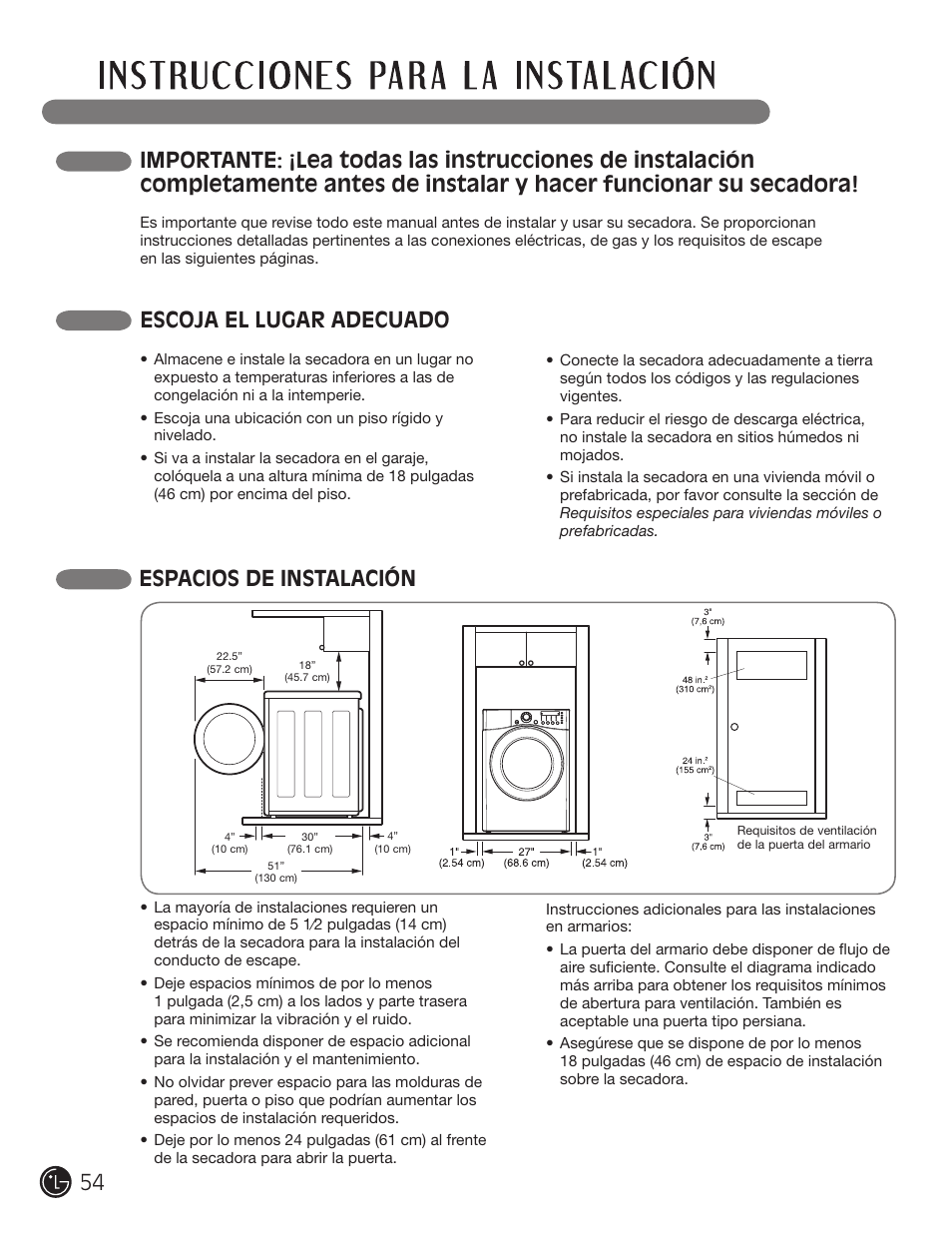 Escoja el lugar adecuado, Espacios de instalación | LG DLGX2902V User Manual | Page 54 / 136