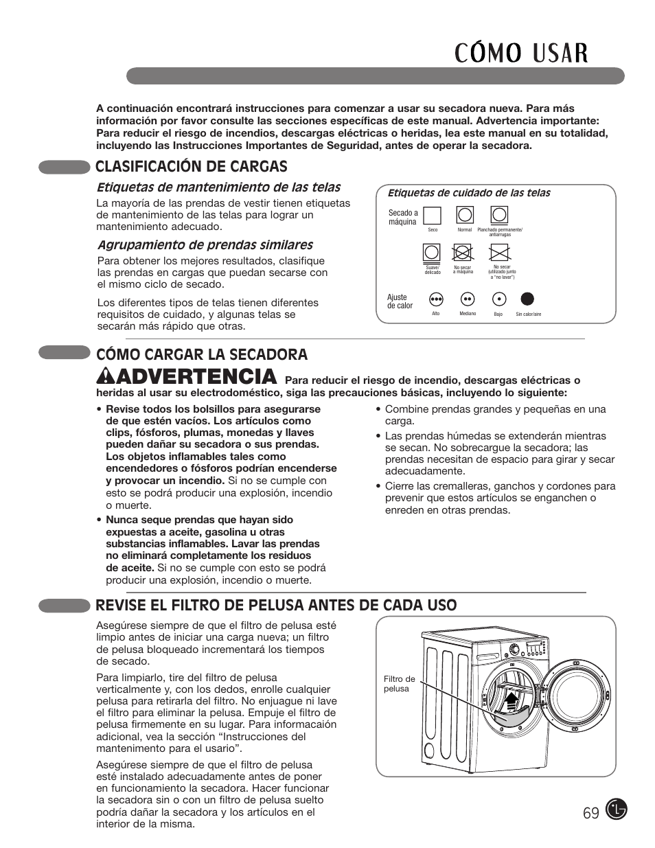 Wadvertencia, Cómo cargar la secadora, Clasificación de cargas | Revise el filtro de pelusa antes de cada uso | LG DLGX2902V User Manual | Page 69 / 136