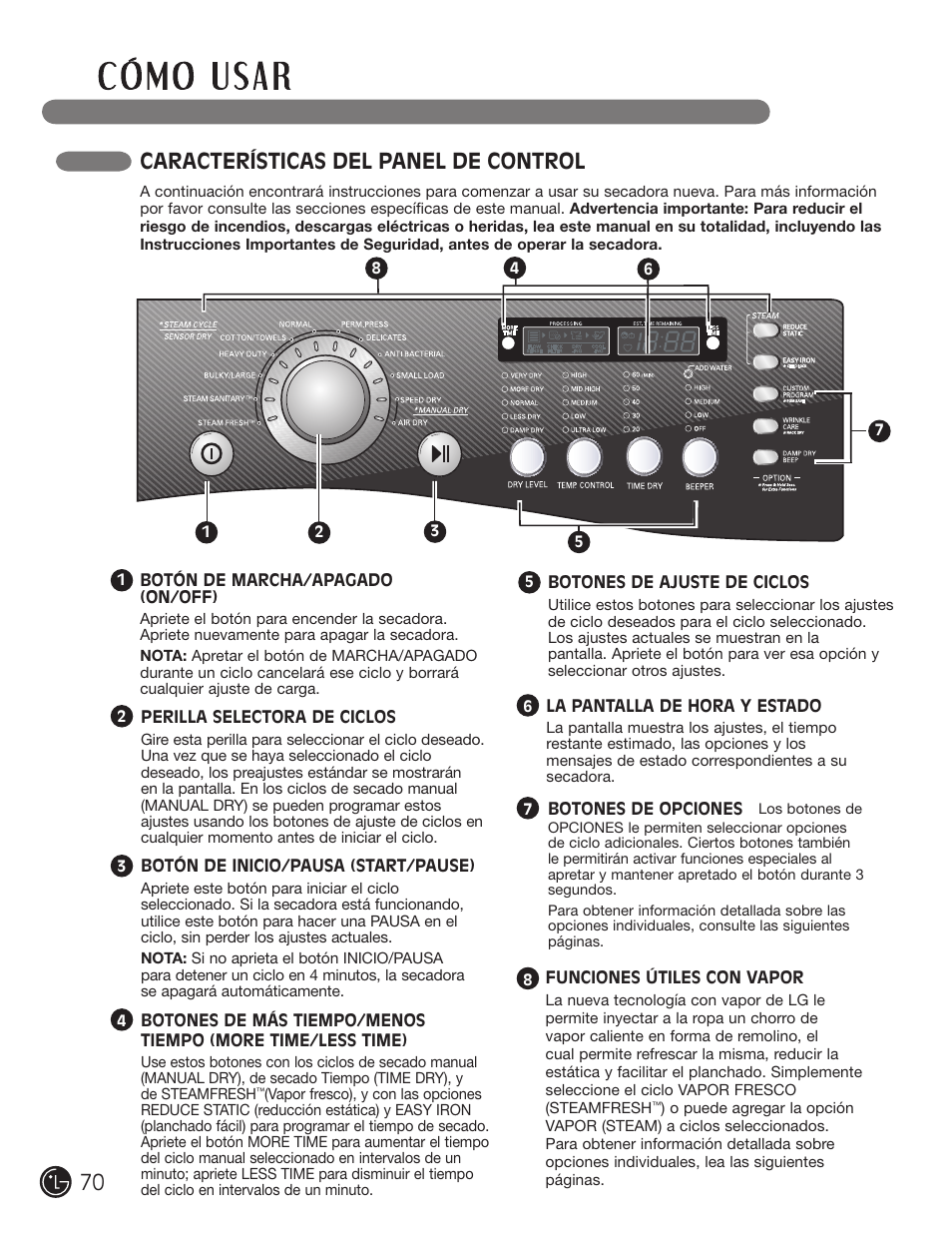 Características del panel de control | LG DLGX2902V User Manual | Page 70 / 136