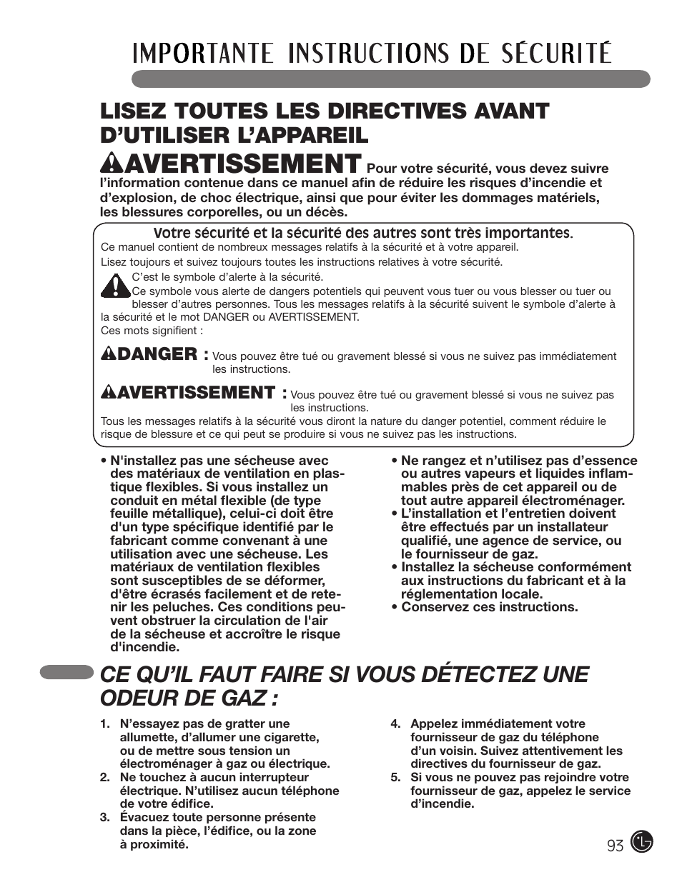 Wavertissement, Wdanger | LG DLGX2902V User Manual | Page 93 / 136