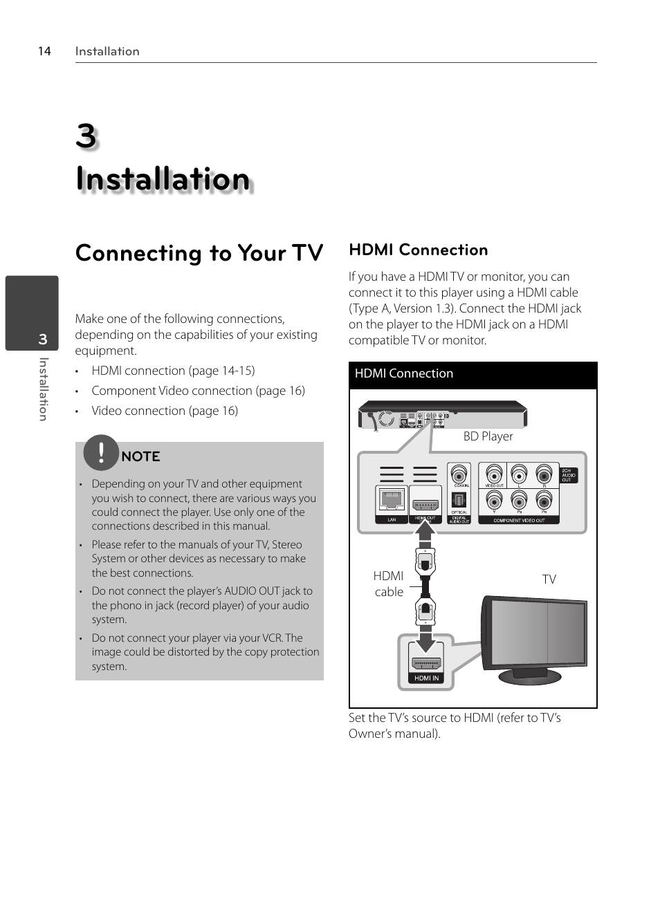 3 installation, Connecting to your tv, Hdmi connection | LG BX585 User Manual | Page 13 / 92