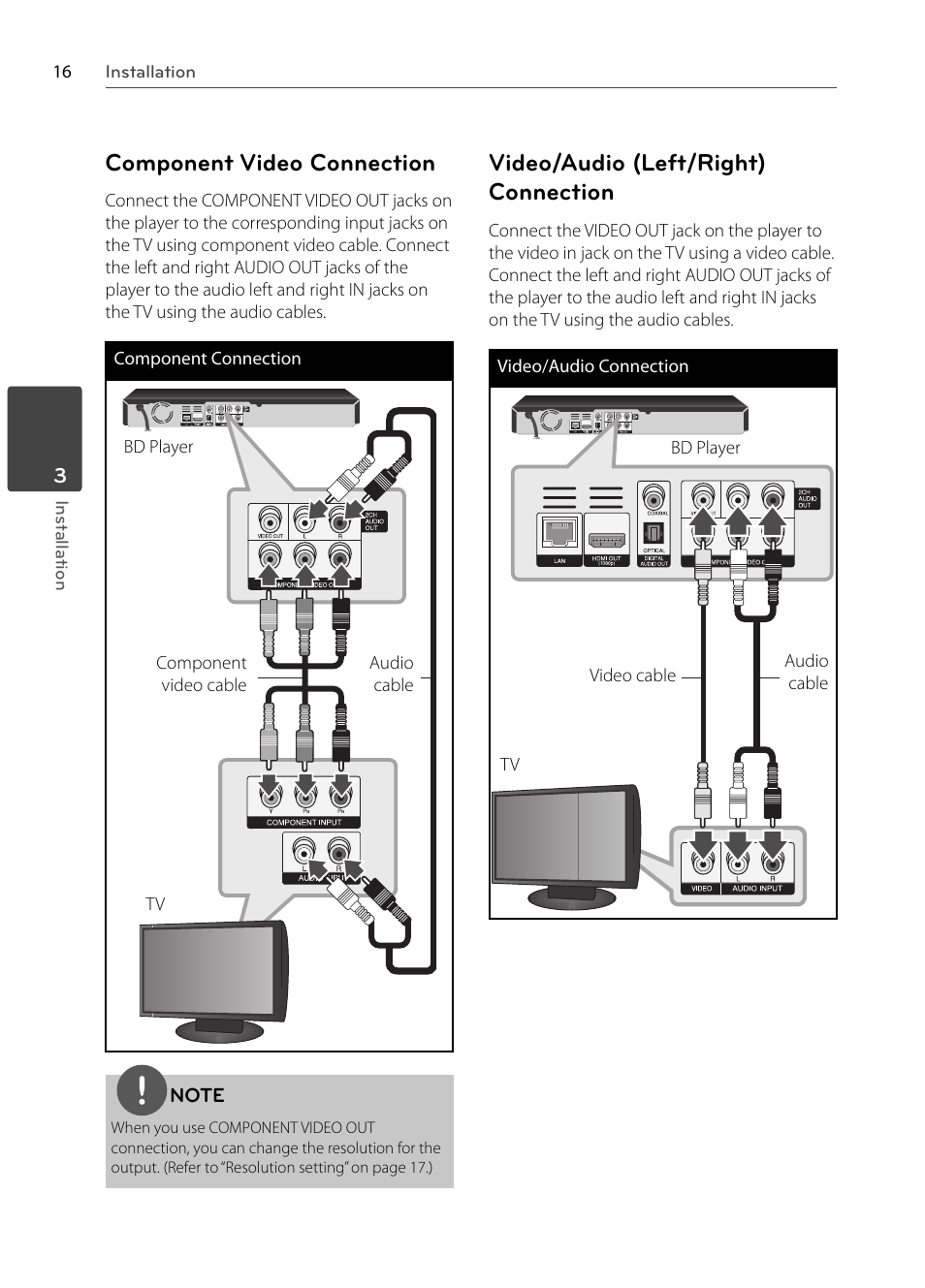 Component video connection, Video/audio (left/right) connection | LG BX585 User Manual | Page 15 / 92