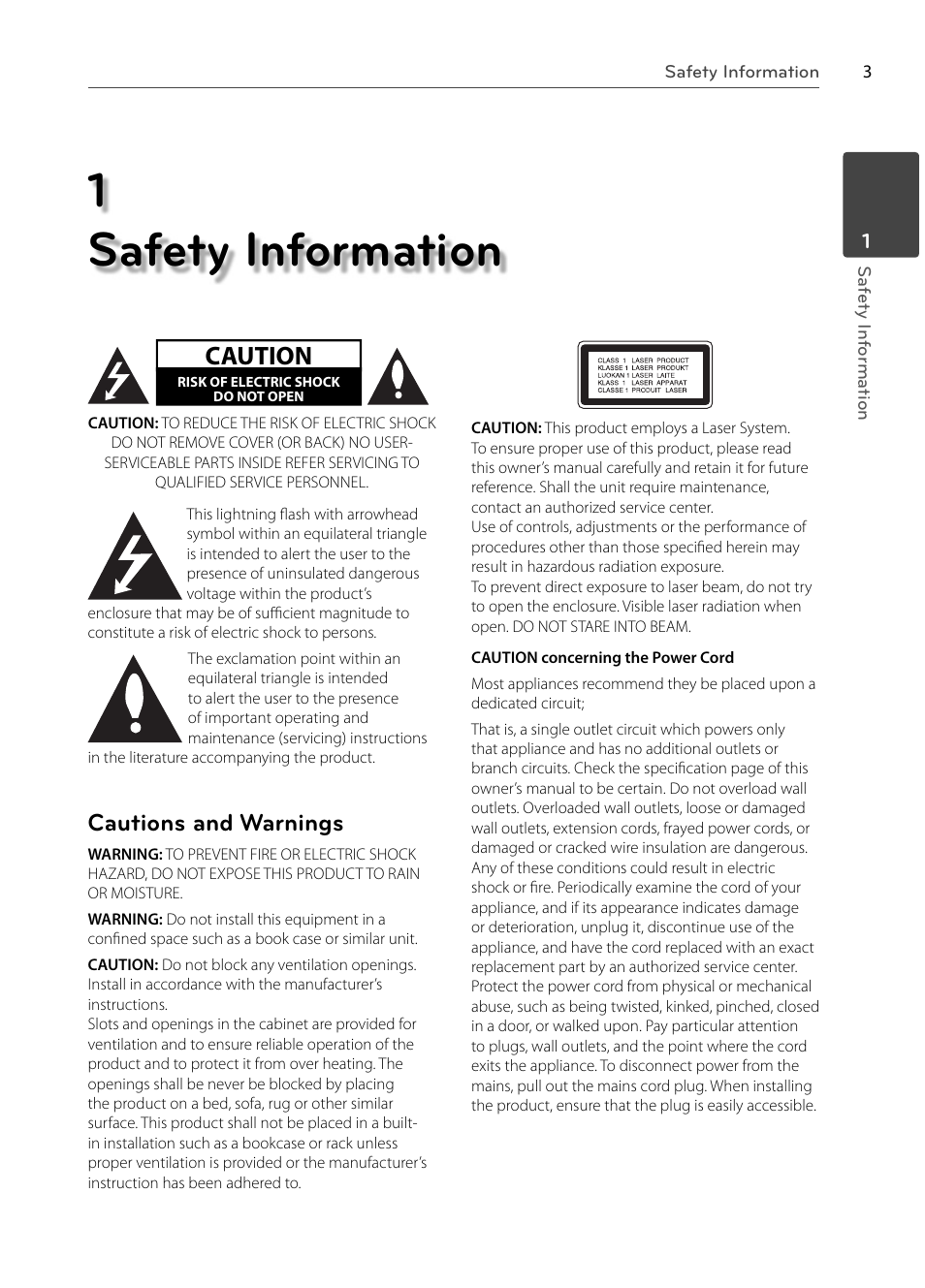 1 safety information, Caution, Cautions and warnings | LG BX585 User Manual | Page 2 / 92