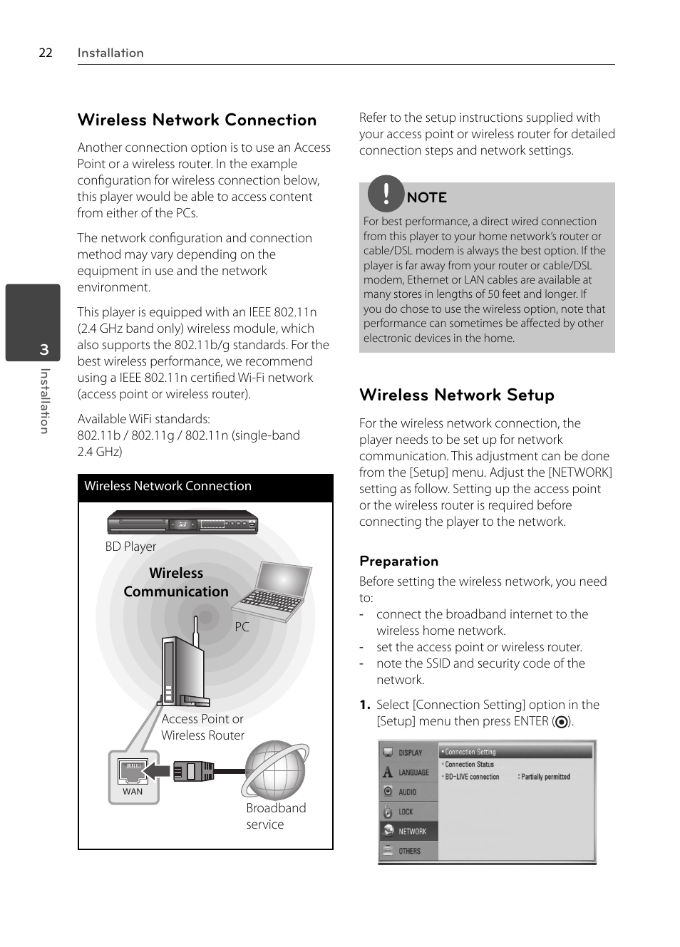 Wireless network connection, Wireless network setup | LG BX585 User Manual | Page 21 / 92
