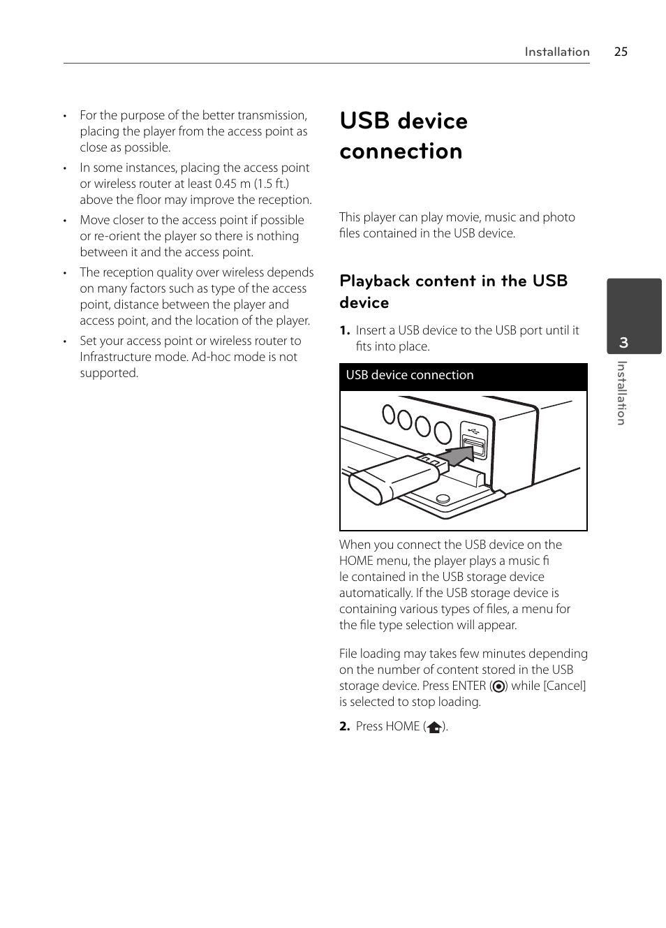 Usb device connection, Playback content in the usb device | LG BX585 User Manual | Page 24 / 92