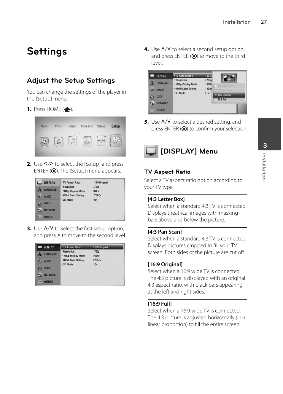 Settings, Adjust the setup settings, Display] menu | LG BX585 User Manual | Page 26 / 92