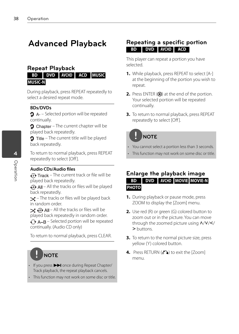 Advanced playback, Repeat playback, Repeating a speciﬁ c portion | Enlarge the playback image | LG BX585 User Manual | Page 37 / 92