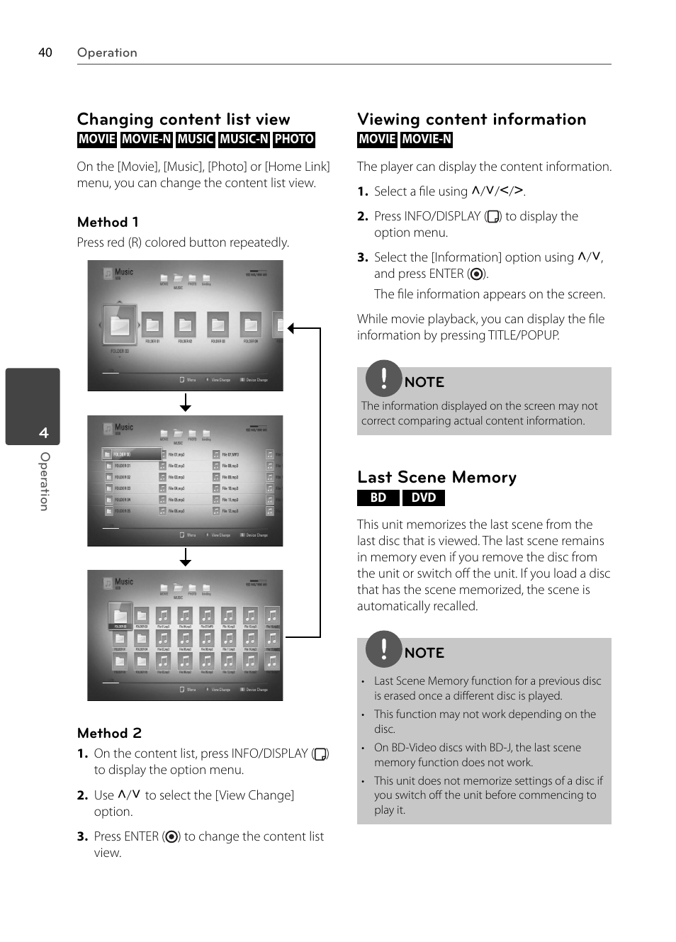 Changing content list view, Viewing content information | LG BX585 User Manual | Page 39 / 92
