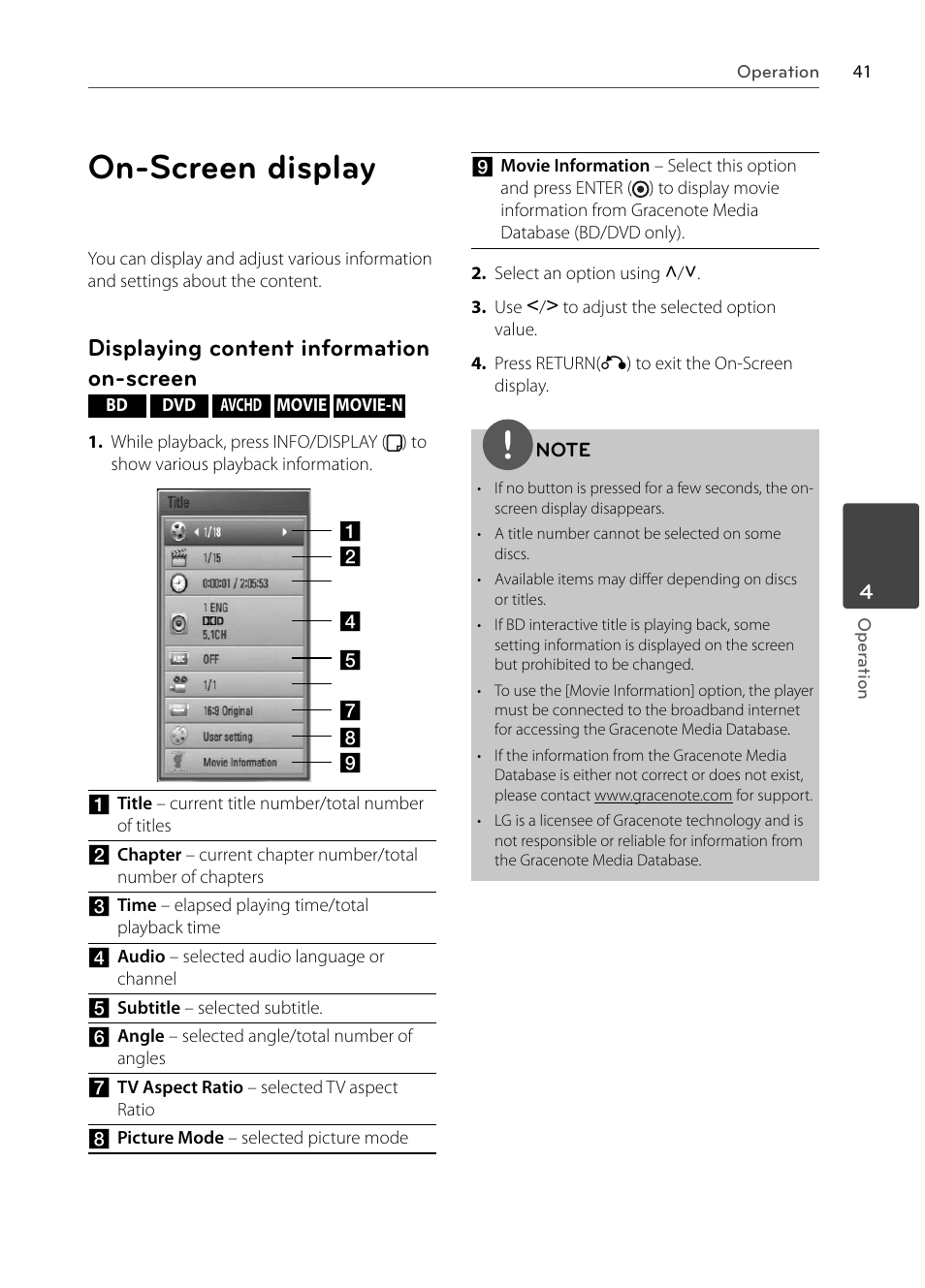 On-screen display, Displaying content information on-screen | LG BX585 User Manual | Page 40 / 92