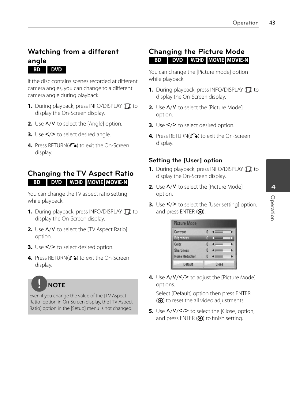 Watching from a different angle, Changing the tv aspect ratio, Changing the picture mode | LG BX585 User Manual | Page 42 / 92