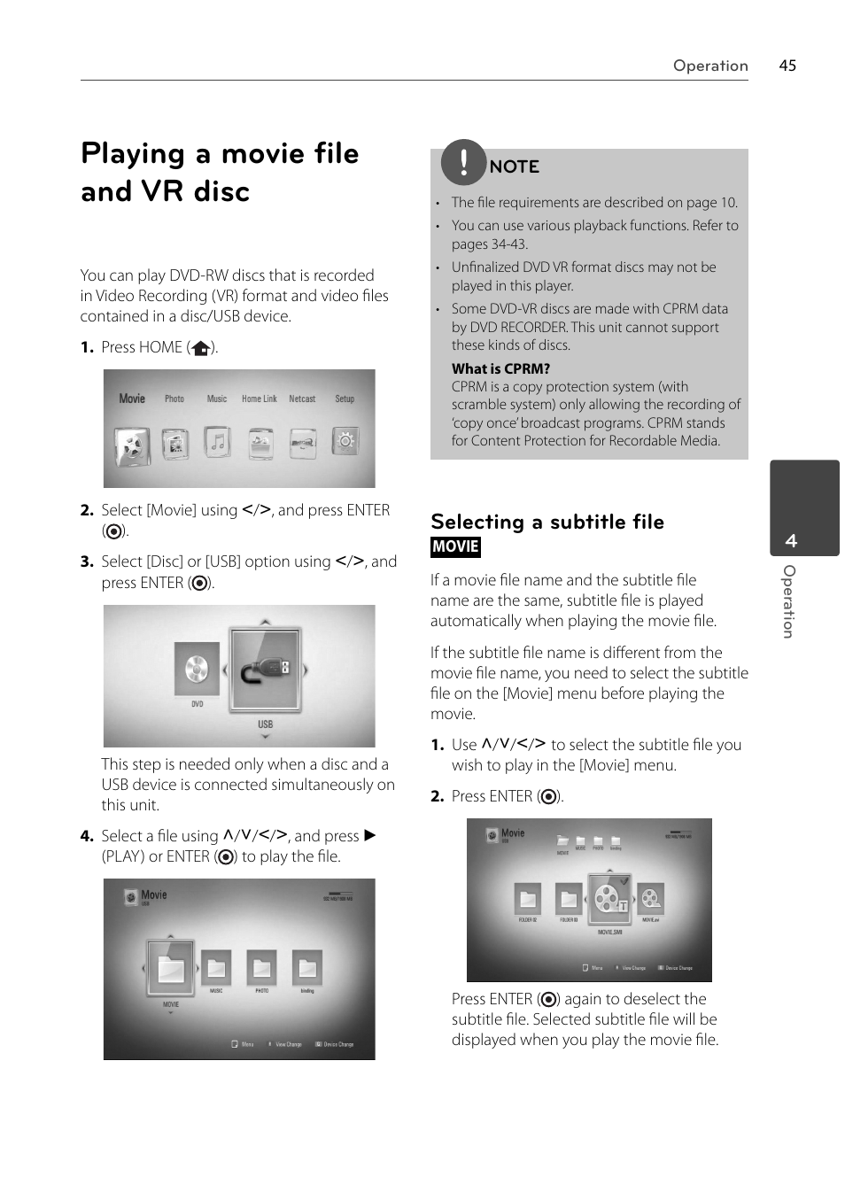 Playing a movie ﬁ le and vr disc, Selecting a subtitle ﬁ le | LG BX585 User Manual | Page 44 / 92