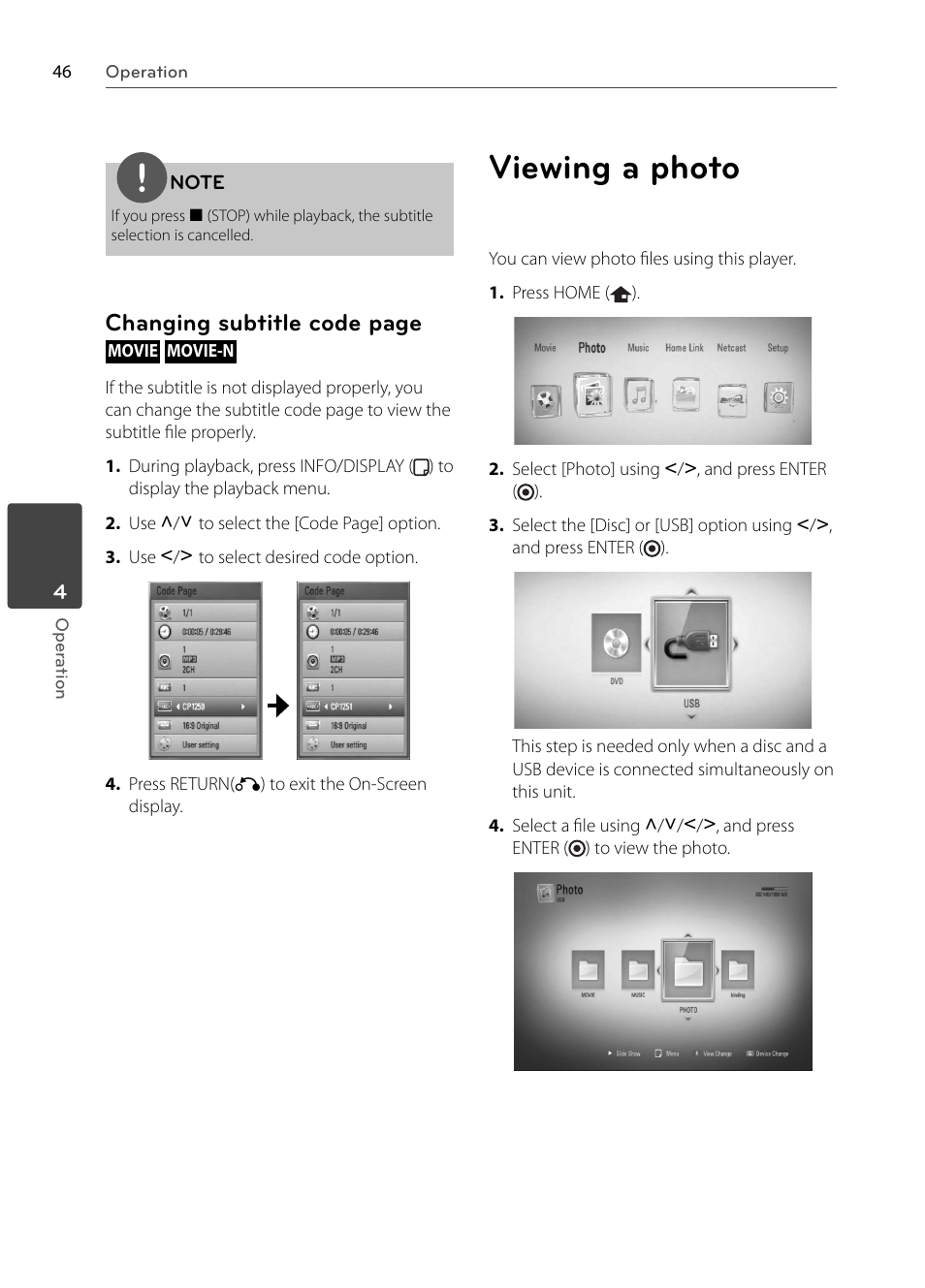 Viewing a photo, Changing subtitle code page | LG BX585 User Manual | Page 45 / 92