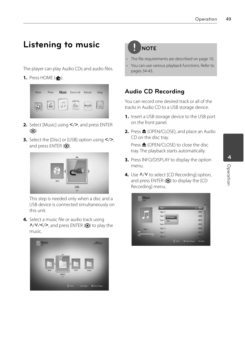 Listening to music, Audio cd recording | LG BX585 User Manual | Page 48 / 92