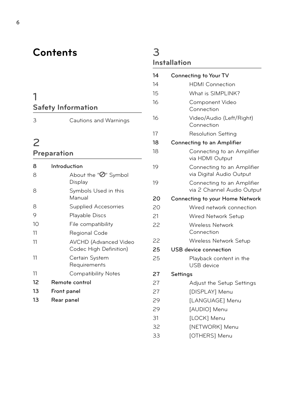 Contents 1, Safety information, Preparation | Installation | LG BX585 User Manual | Page 5 / 92