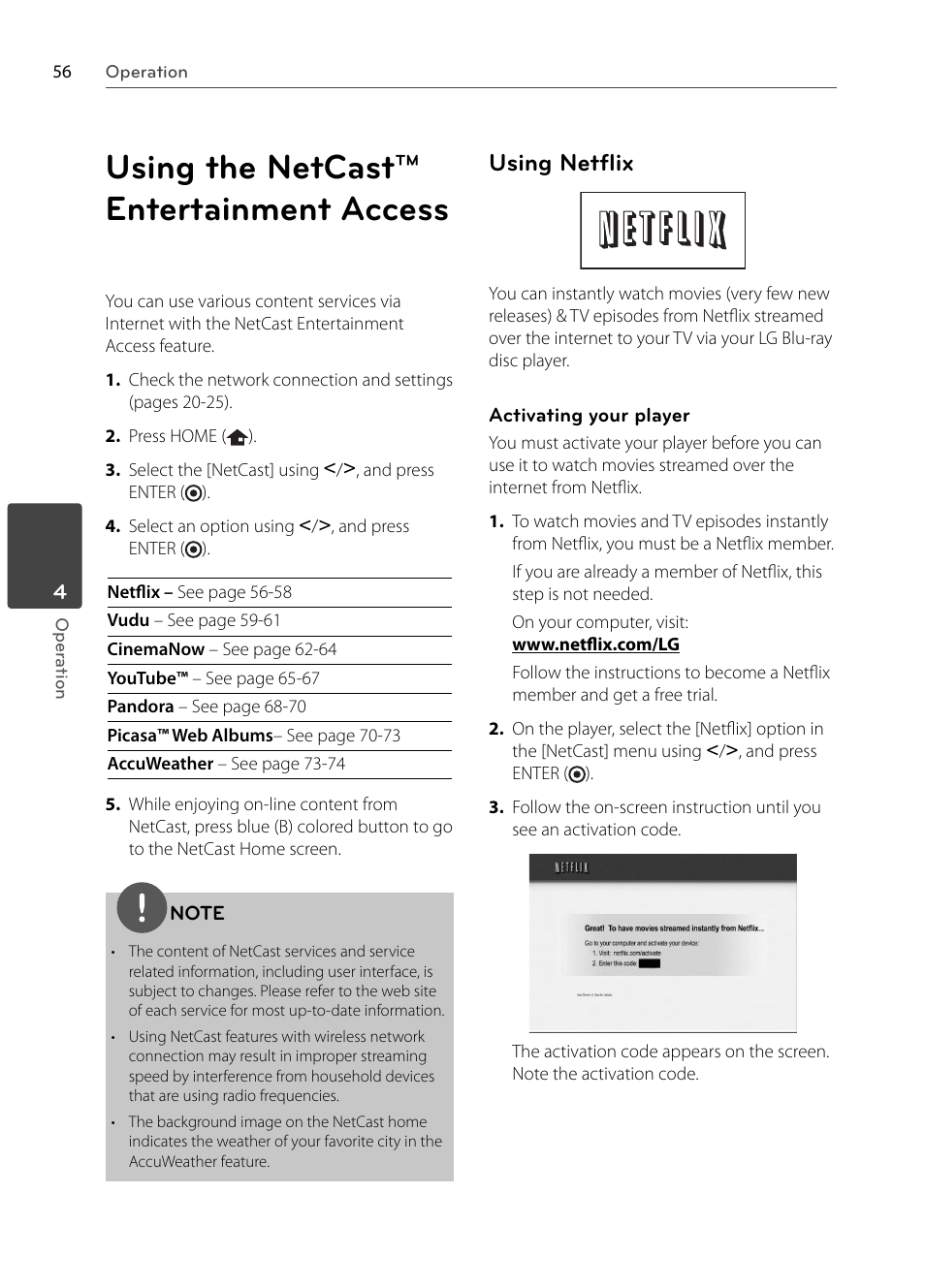 Using the netcast™ entertainment access, Using netﬂ ix | LG BX585 User Manual | Page 55 / 92