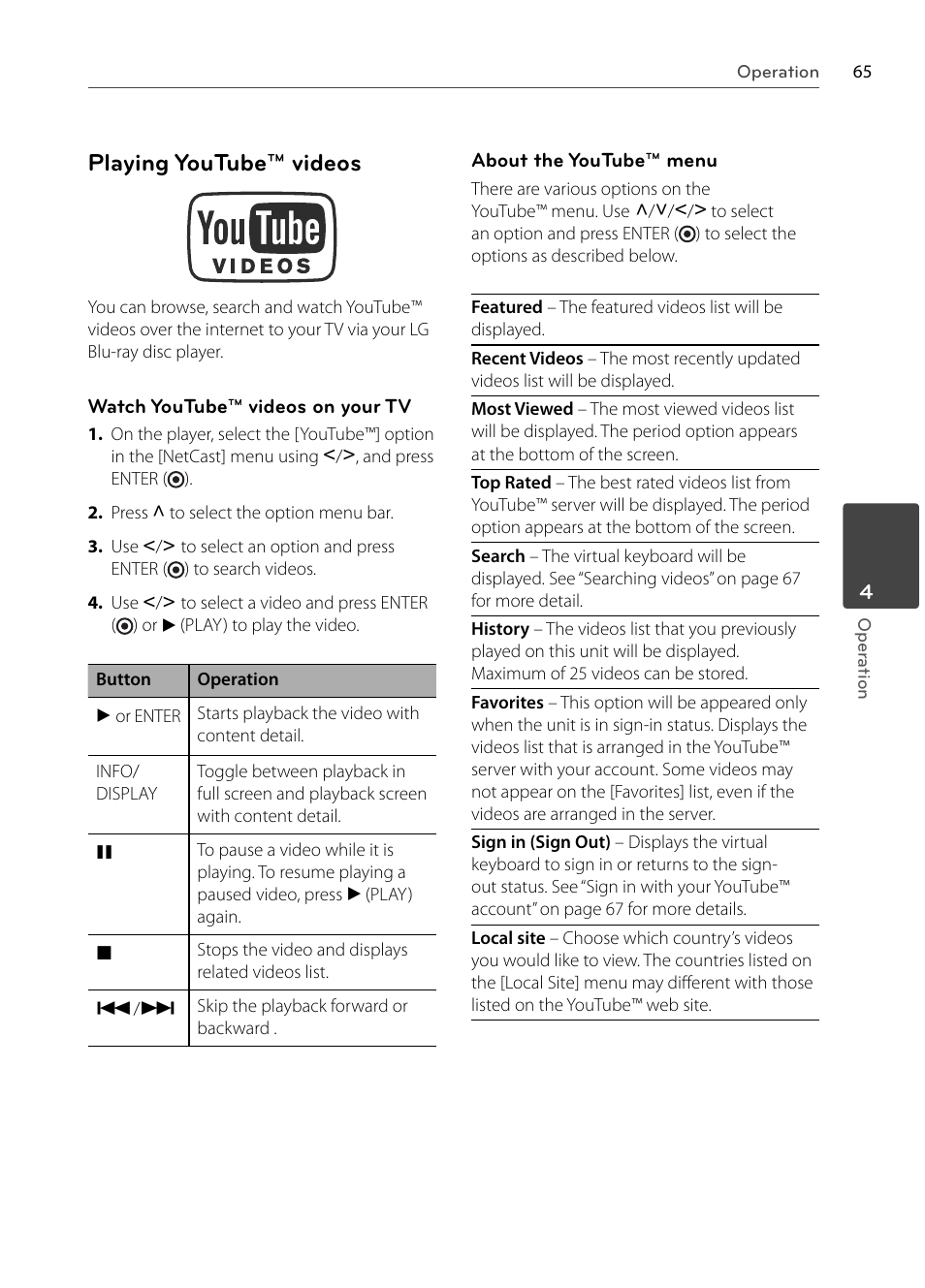 Playing youtube™ videos | LG BX585 User Manual | Page 64 / 92