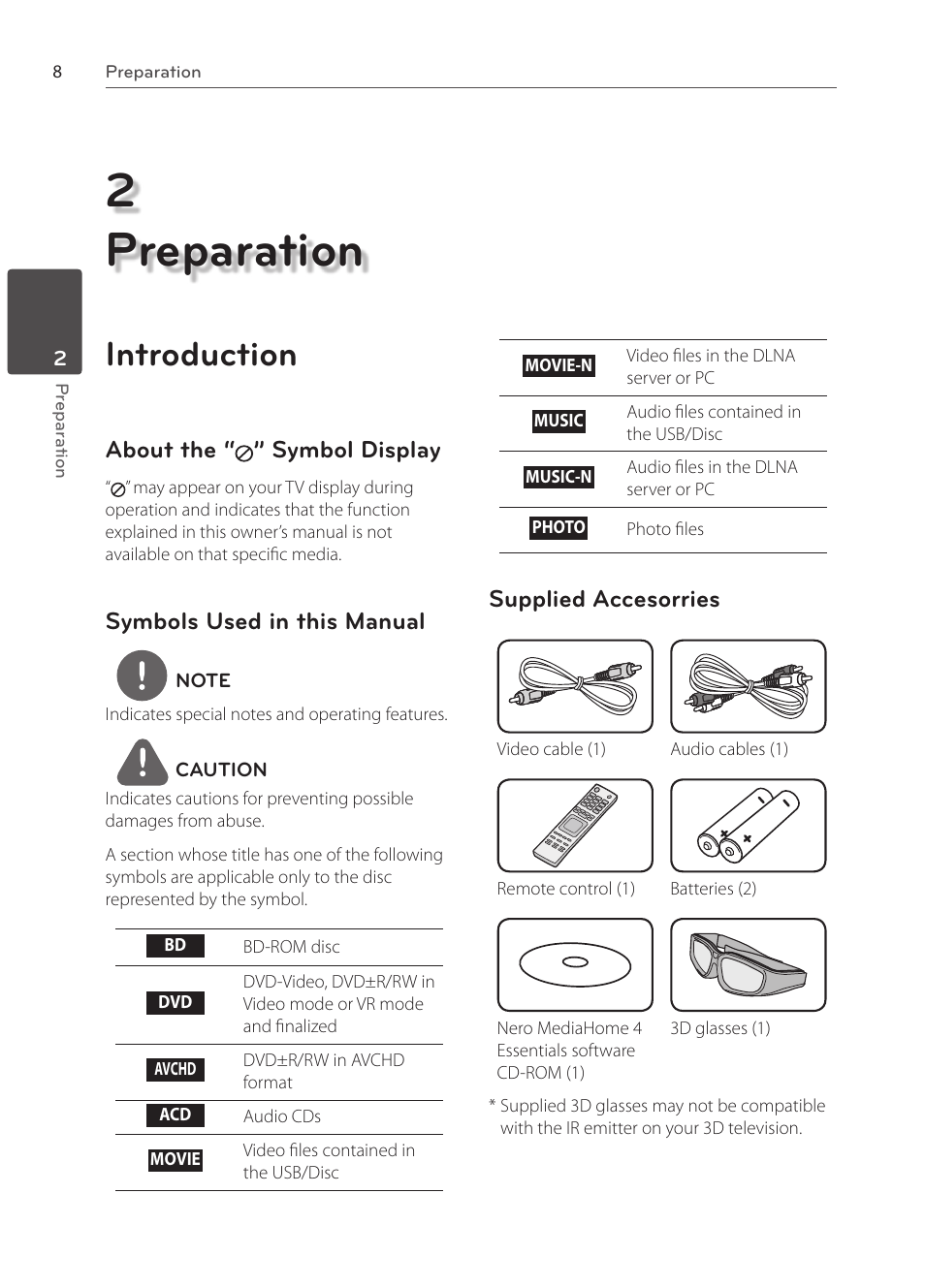 2preparation, Introduction, About the “ ” symbol display | Symbols used in this manual, Supplied accesorries | LG BX585 User Manual | Page 7 / 92